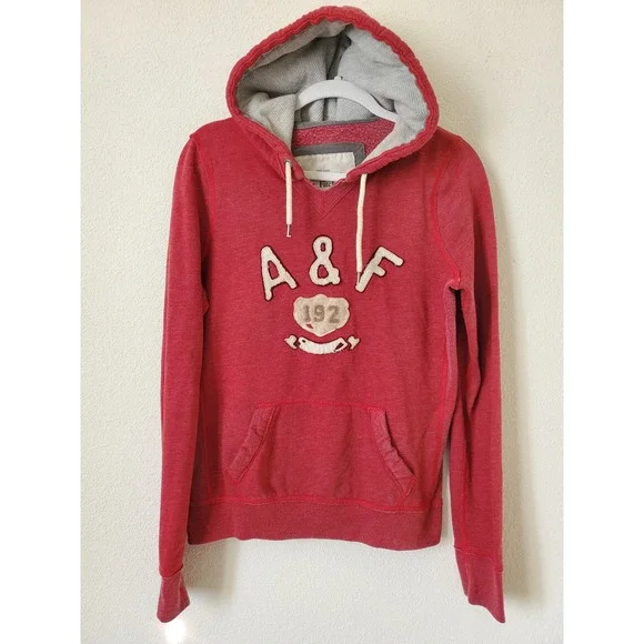 VTG Y2K Abercrombie‎ Fitch Red Hoodie Sweatshirt Size L Puffy Logo Spellout - Picture 9 of 9